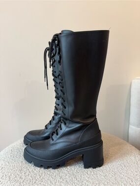 Moncler Black Lace-Up Knee High Chunky Heel Boots